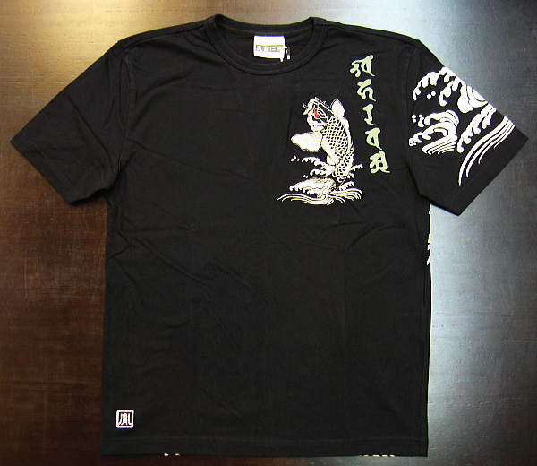 和柄半袖ヘンリーTシャツ 荒波に鯉・家紋